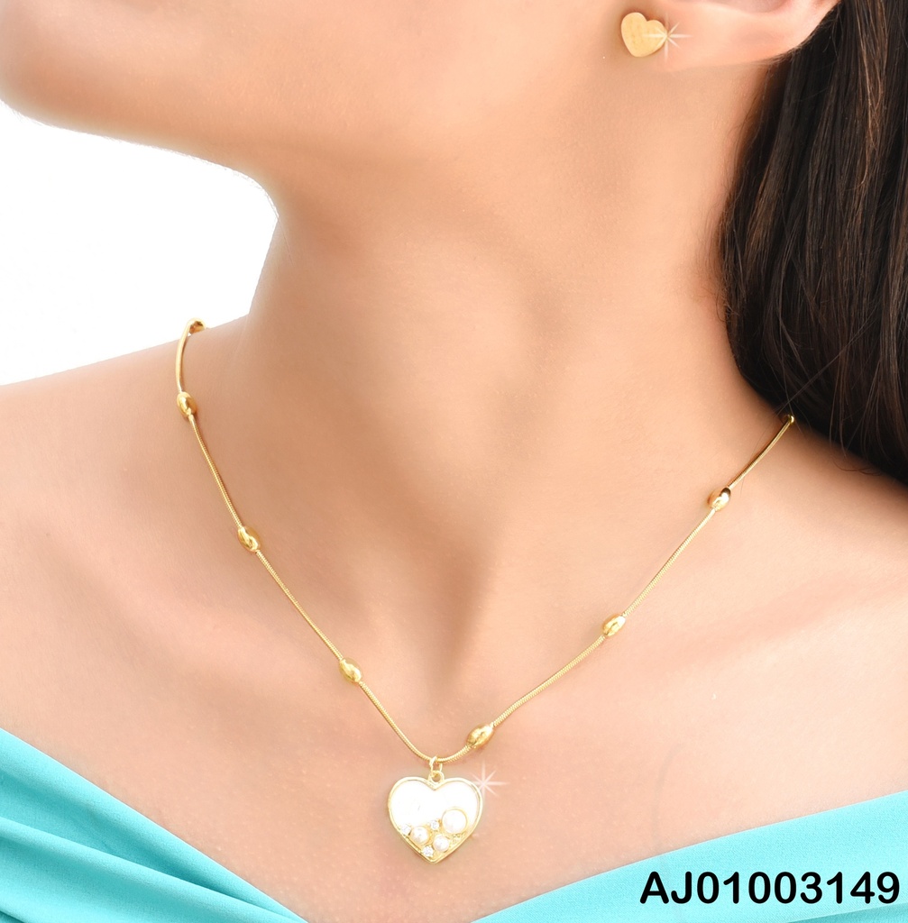 JUEGO ARETES💛 CADENA C/CILINDROS DIJE BLANCO/PERLITAS