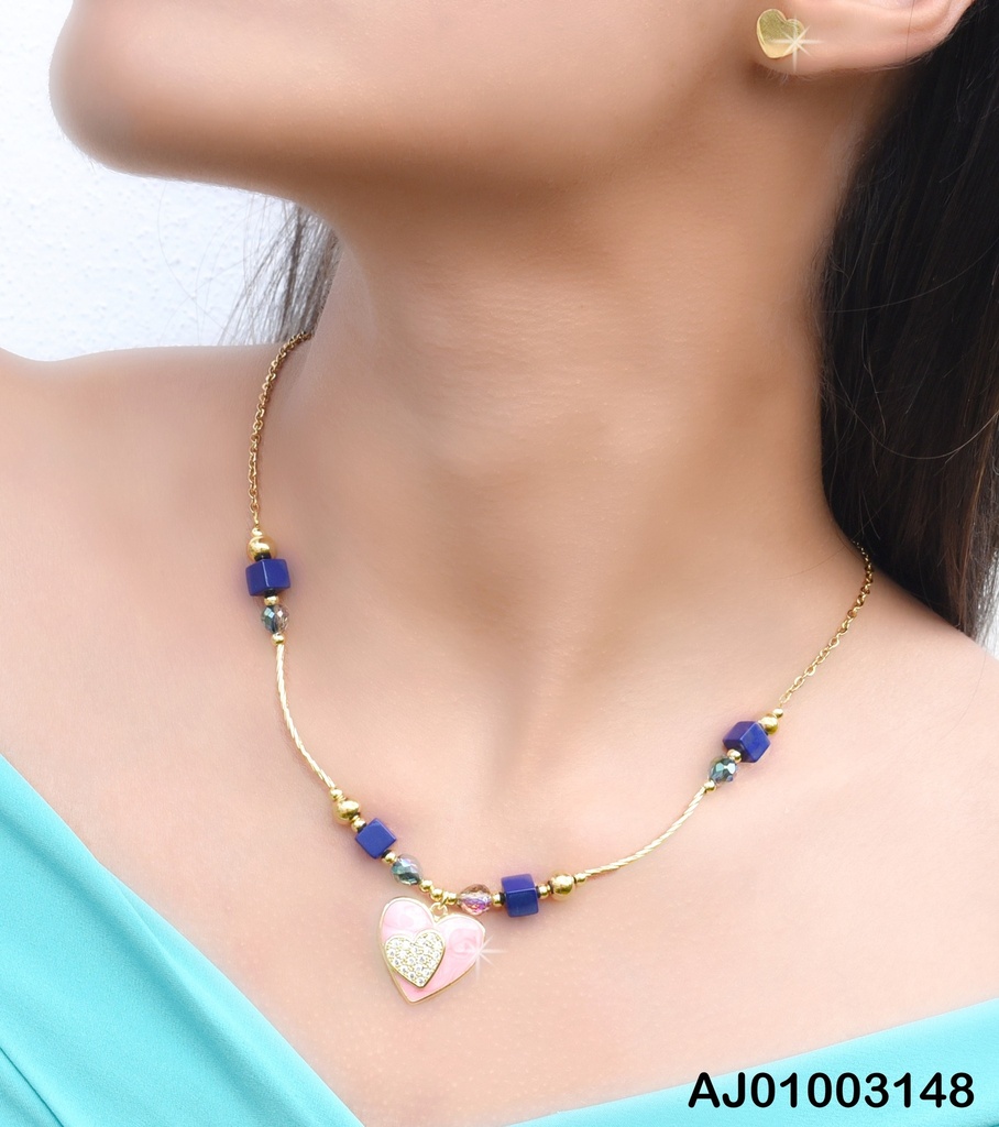 JUEGO ARETES💛 CUBOS AZULES DIJE ROSADO C/♥ZIRCONIAS
