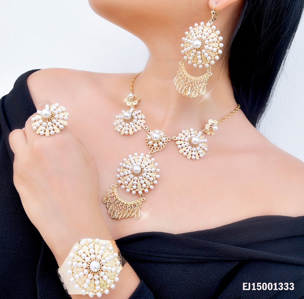 JUEGO C/ ANILLO-BRAZALETE RUEDA C/PERLAS - GOTAS DOR.