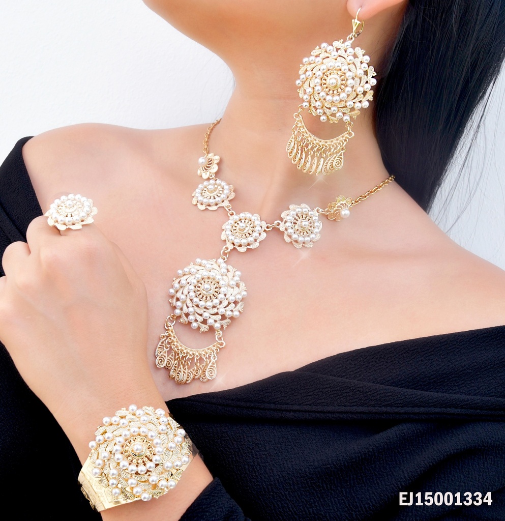 JUEGO C/ ANILLO-BRAZALETE RUEDA ESPIRAL C/PERLAS - GOTAS DOR.