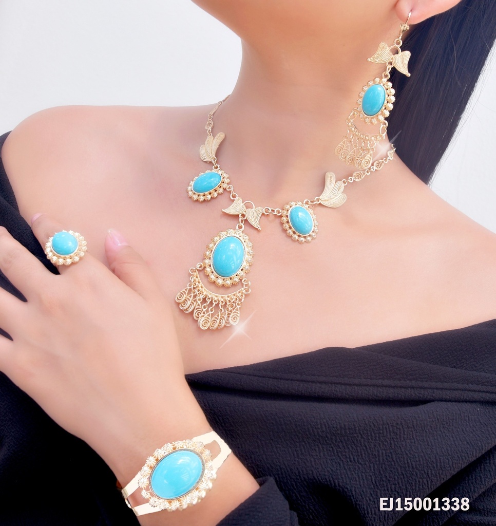 JUEGO C/ ANILLO-BRAZALETE ÓVALO TURQUESA C/ CORAZONES DOR