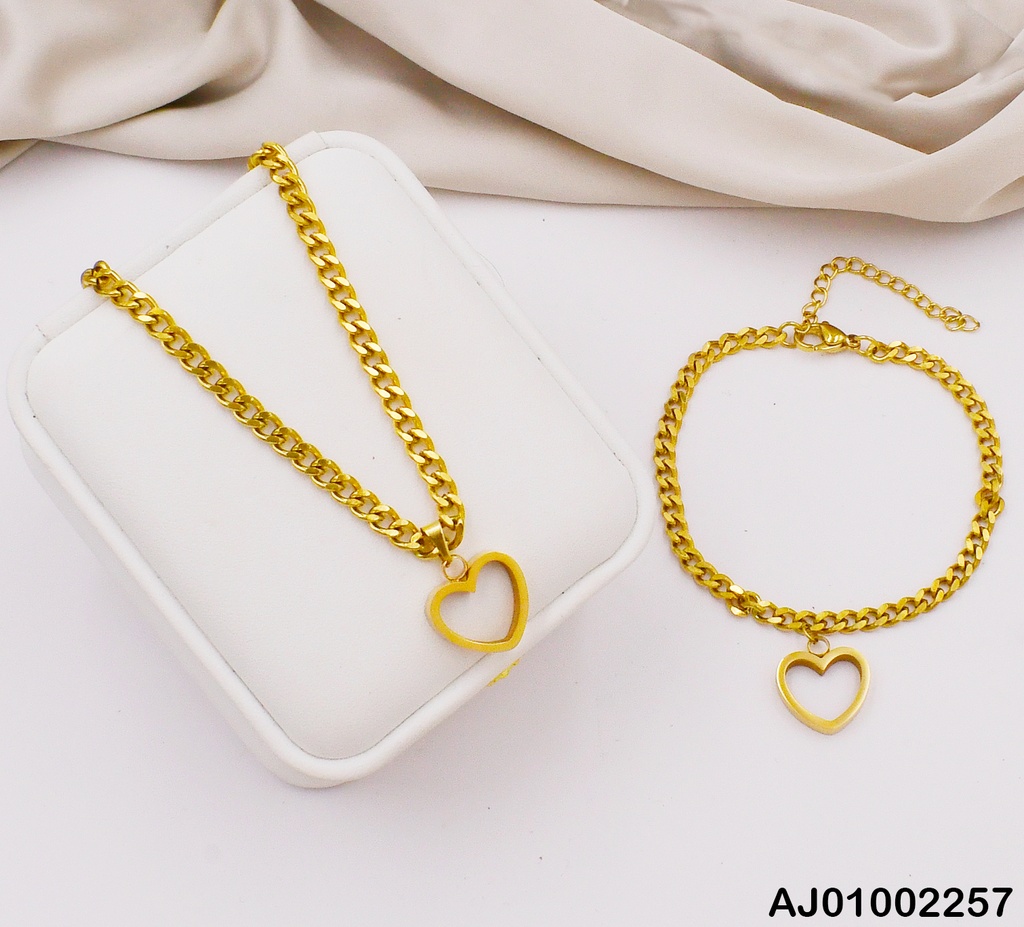 JUEGO CADENA/PULSERA MARTILLADAS DIJES CROQUI CORAZÓN