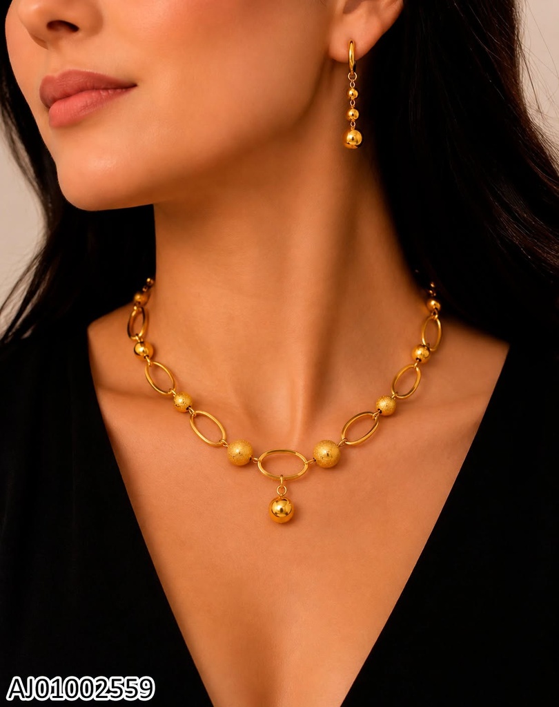 JUEGO ARETES-CADENA OVALOS-PELOTAS LISAS/ESCARCHADAS WH260527-054