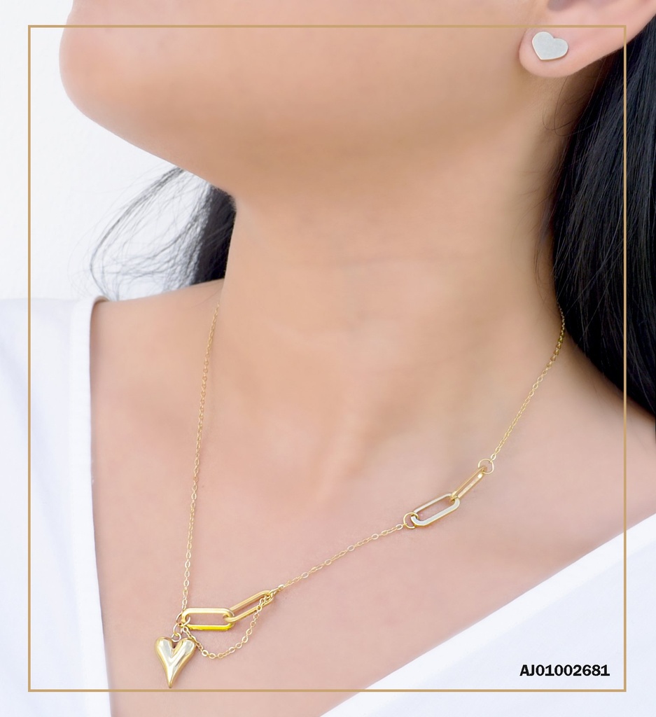 JUEGO CORAZONES ARETES PLACAS DIJE CORAZÓN ALARGADO CADENA MITAD Y MITAD