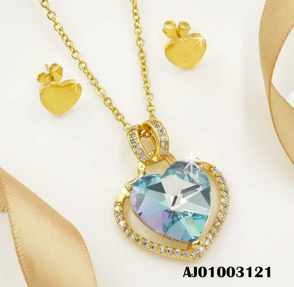 JUEGO CORAZONES DETALLES ARETES:PLACAS DIJE:CELESTE BORDE ZIR