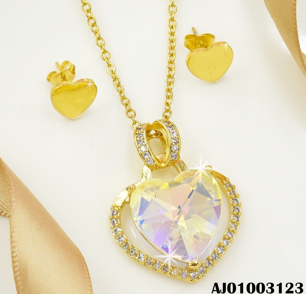 JUEGO CORAZONES DETALLES ARETES:PLACAS DIJE:TORNASOL BORDE ZIR