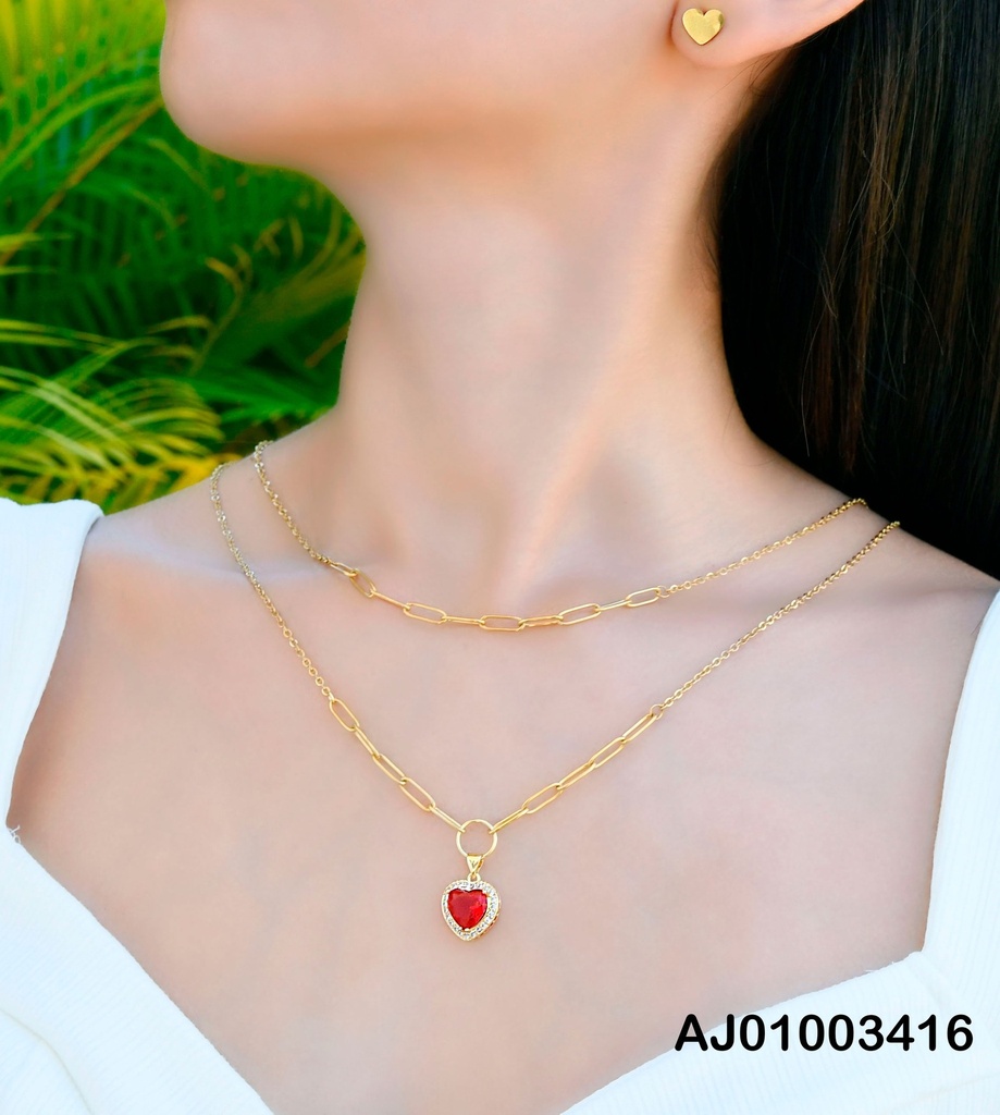 JUEGO CORAZONES DOBLE CAD. DIJE CORAZÓN ZIRCONIA ROJA