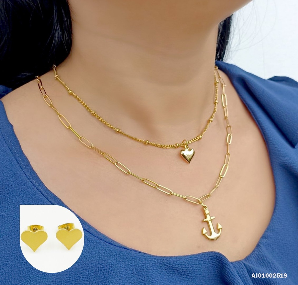 JUEGO CORAZONES DOBLE CADENA ESLABONES LARGOS/CADENA PELOTITAS DOR