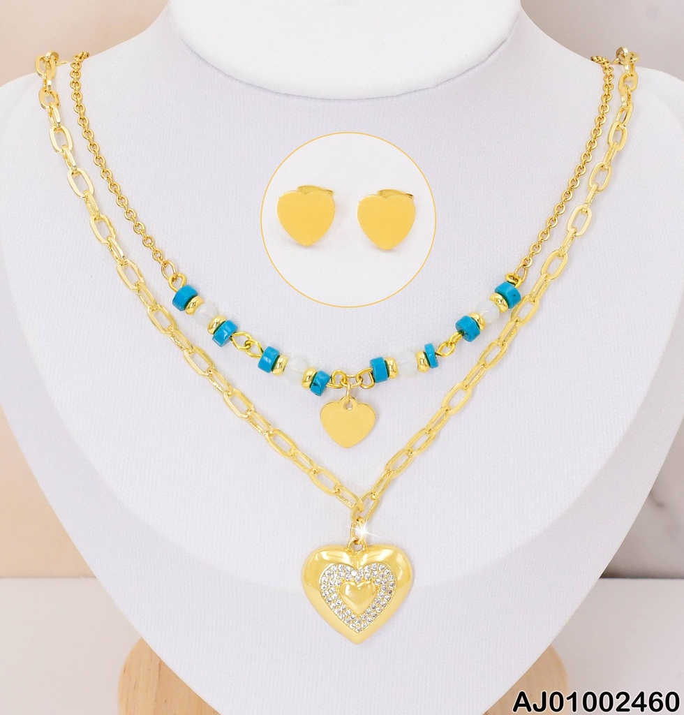 JUEGO CORAZONES DOBLE CELESTE PELOTITAS/CADENA DIJE ♥ GRANDE ZIRC