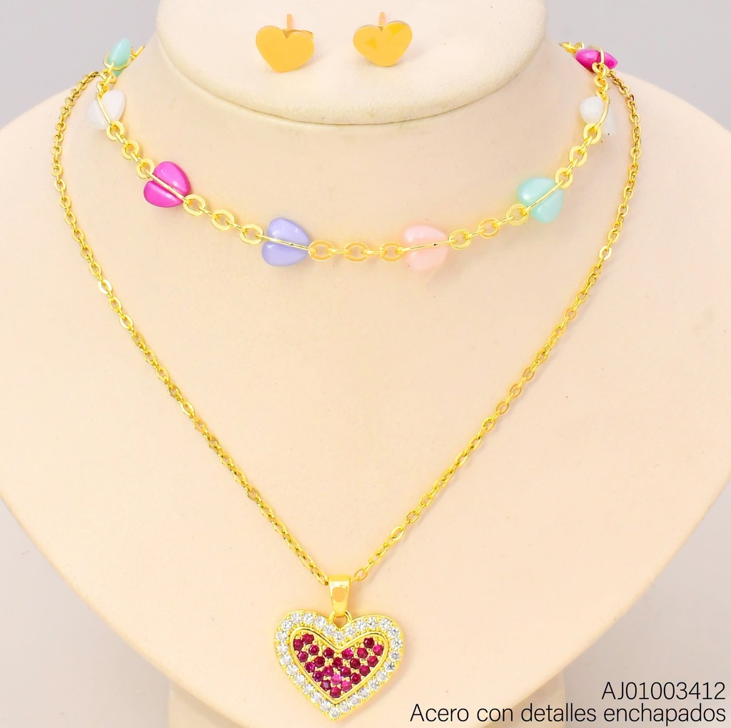 JUEGO CORAZONES DOBLE CAD´.PIEDRAS COL/TRAD DIJE 💗FUCSIA