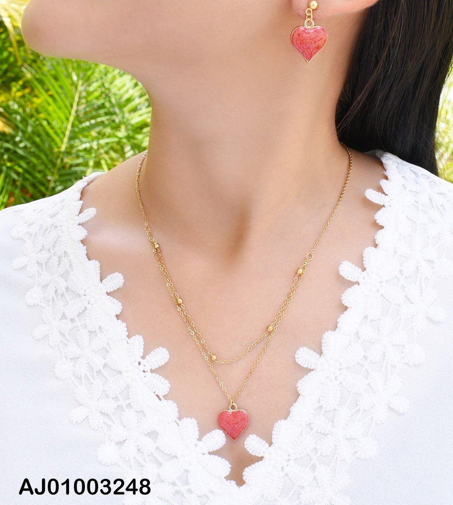 JUEGO CORAZONES ROJOS ESCARCHADOS ARETES COLGAR