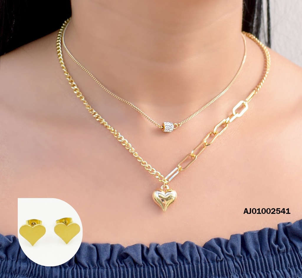 JUEGO CORAZÓN DOBLE CADENA,DIJE CILINDRO ZIRC/♥INFLADO