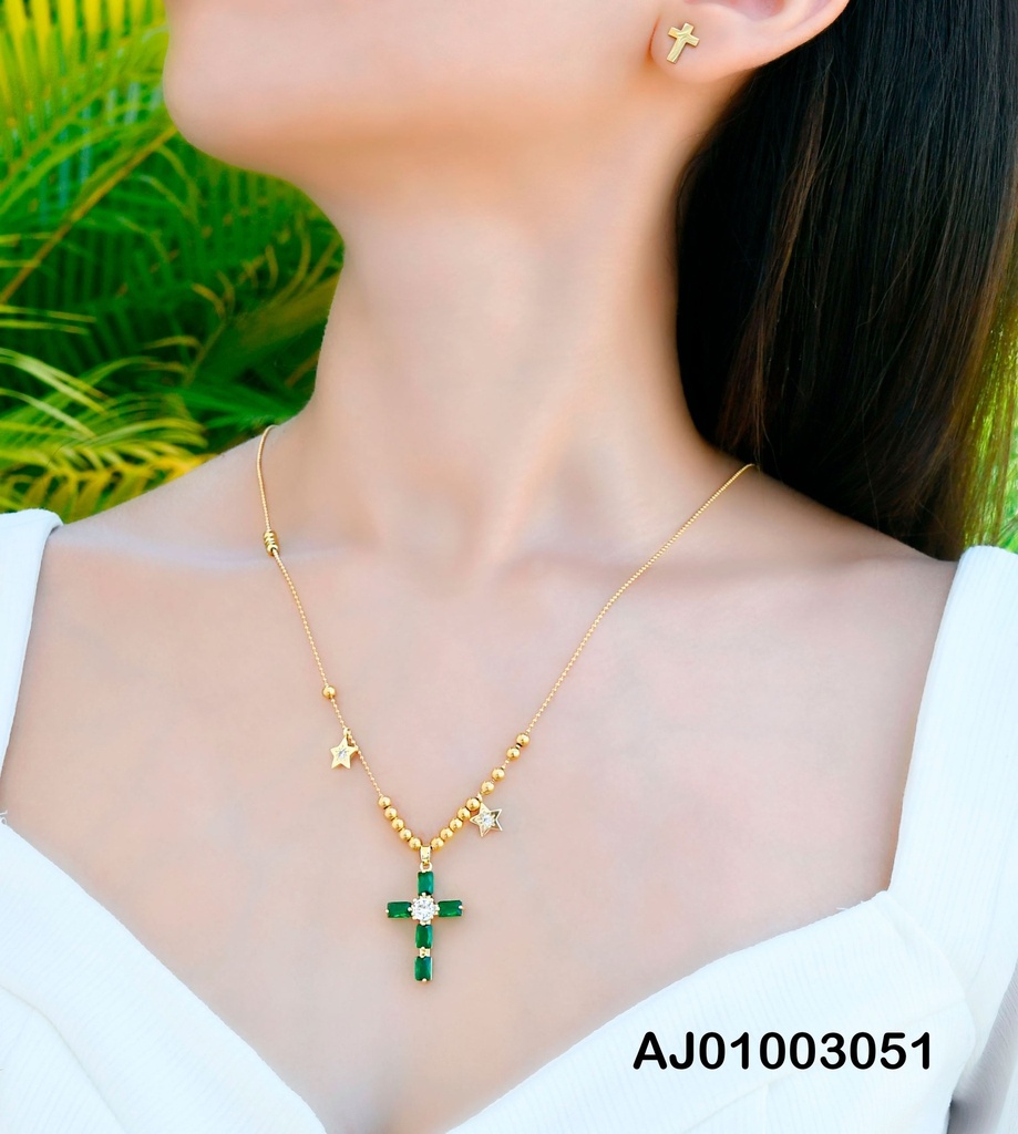 JUEGO CRUCES CADENA C/ESFERAS DORADAS/ESTRELLAS/CURZ ZIRC VERDES