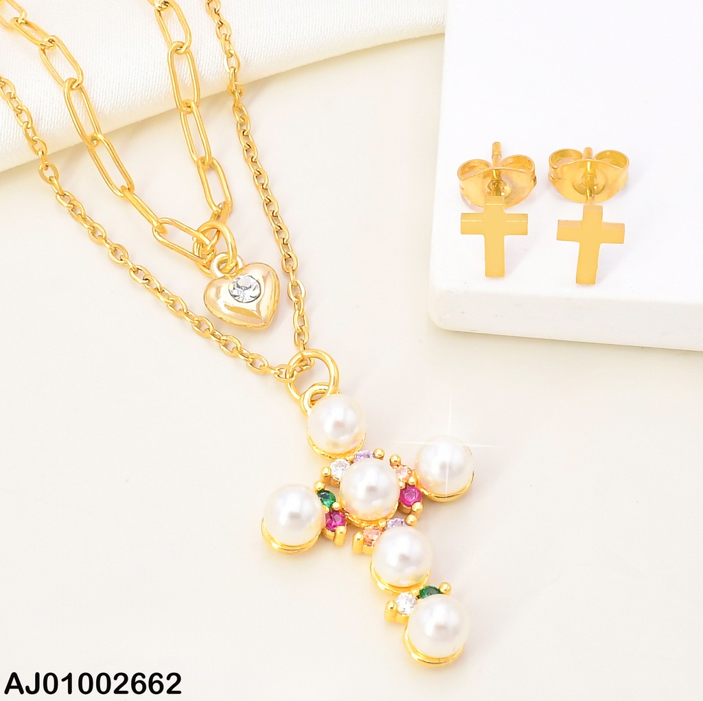 JUEGO CRUCES DOBLE CAD. DIJES ZIRC/CRUZ PERLAS
