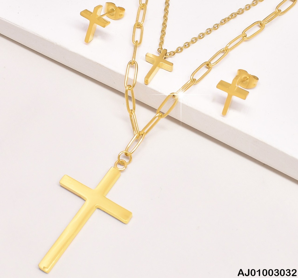 JUEGO CRUCES DOBLE CAD.ESLABON ANCHO DIJE LISO DORADO