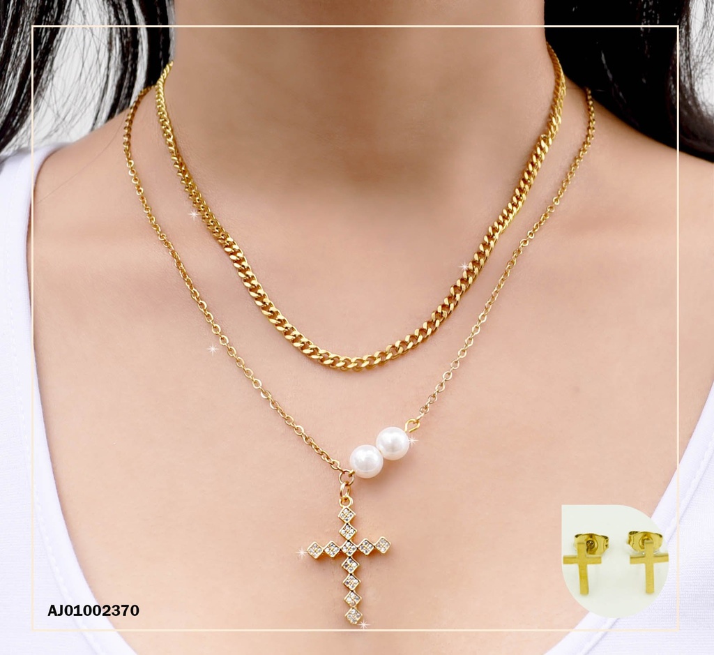 JUEGO CRUCES DOBLE CADENA 2PERLAS LATERAL/CRUZ ZIRCONIAS ROMBOS