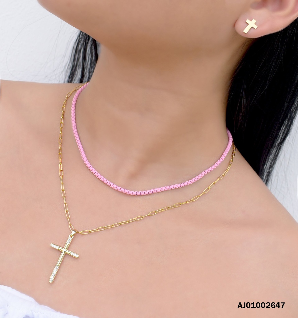 JUEGO CRUCES DOBLE CADENA FUCSIA/ESLABONES OVALADOS