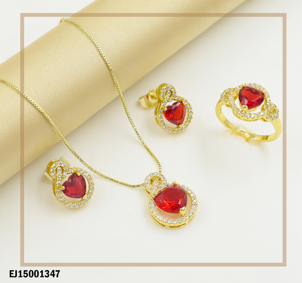 JUEGO CÍRCULO ZIRCONIAS CORAZÓN ROJO CENTRO C/ANILLO
