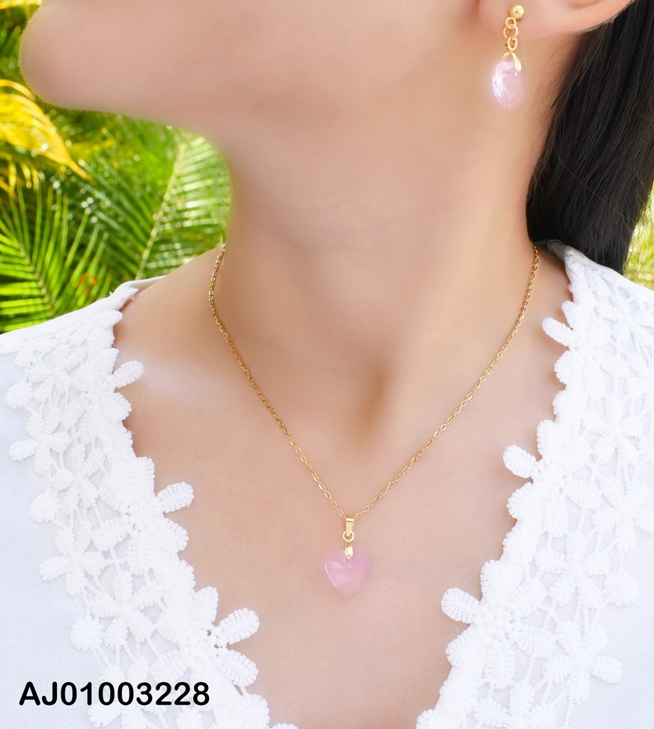 JUEGO DE CORAZÓN ROSA ZIRCONIA, ARETES DE COLGAR