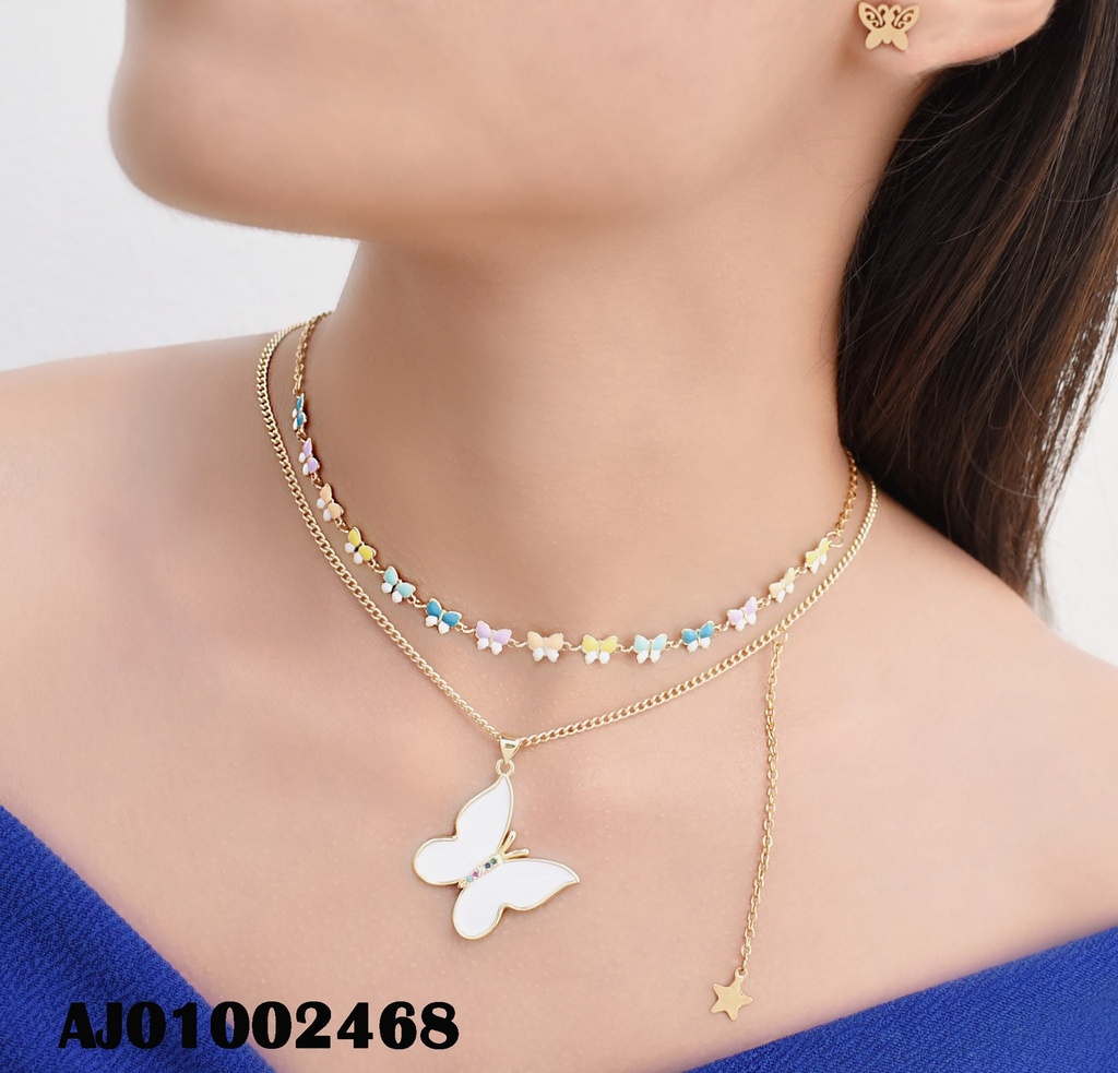 JUEGO DETALLE MARIPOSA DOBLE CADENA DIJE MARIPOSA BLANCA