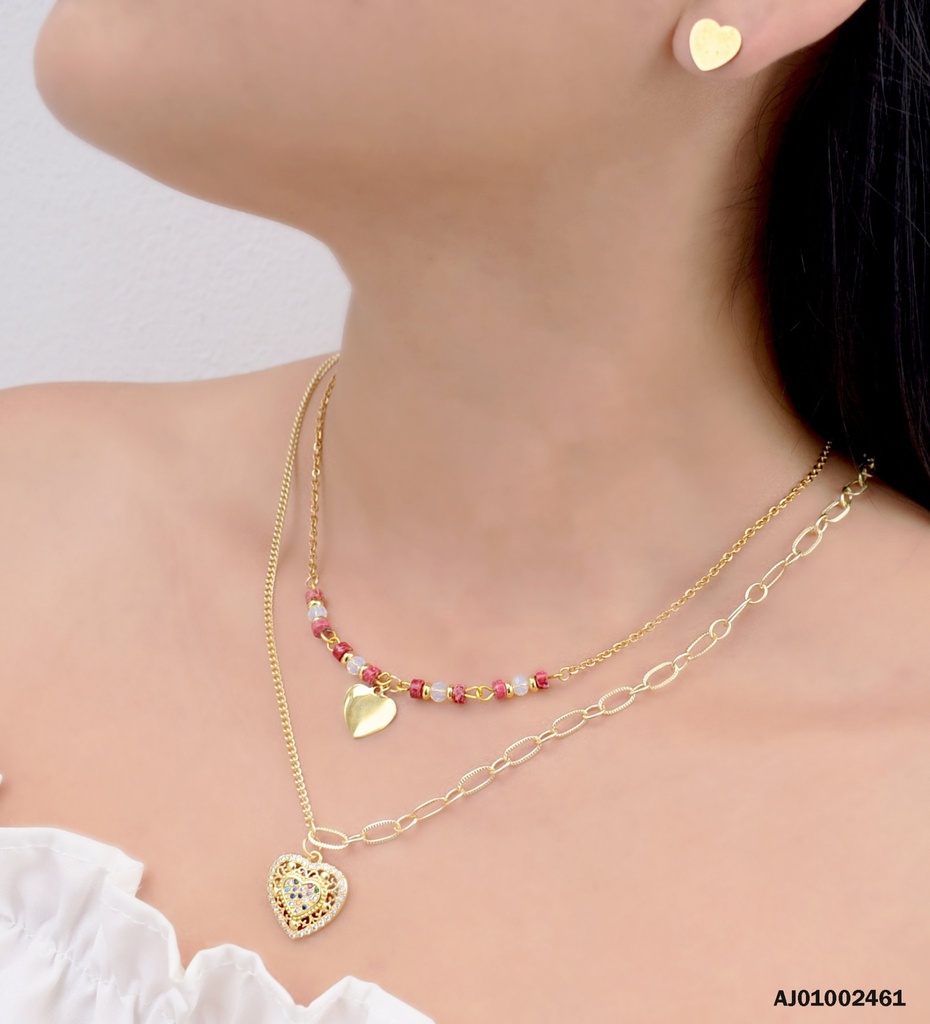 JUEGO DETALLES CORAZONES DOBLE CADENA DIJE CORAZÓN CALADO