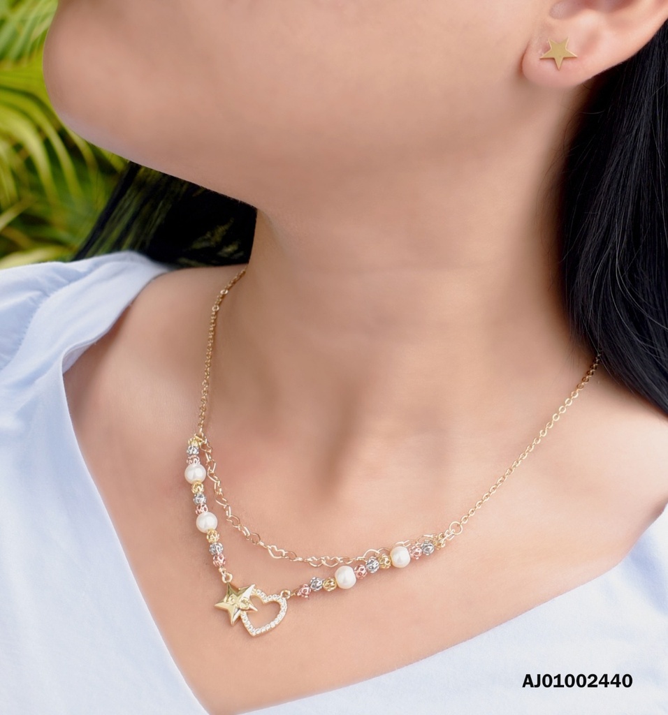 JUEGO DETALLES CORAZÓN DOBLE CADENA PERLAS/PELOTAS DOR. DIJE ESTRELLA CROQUI ♥