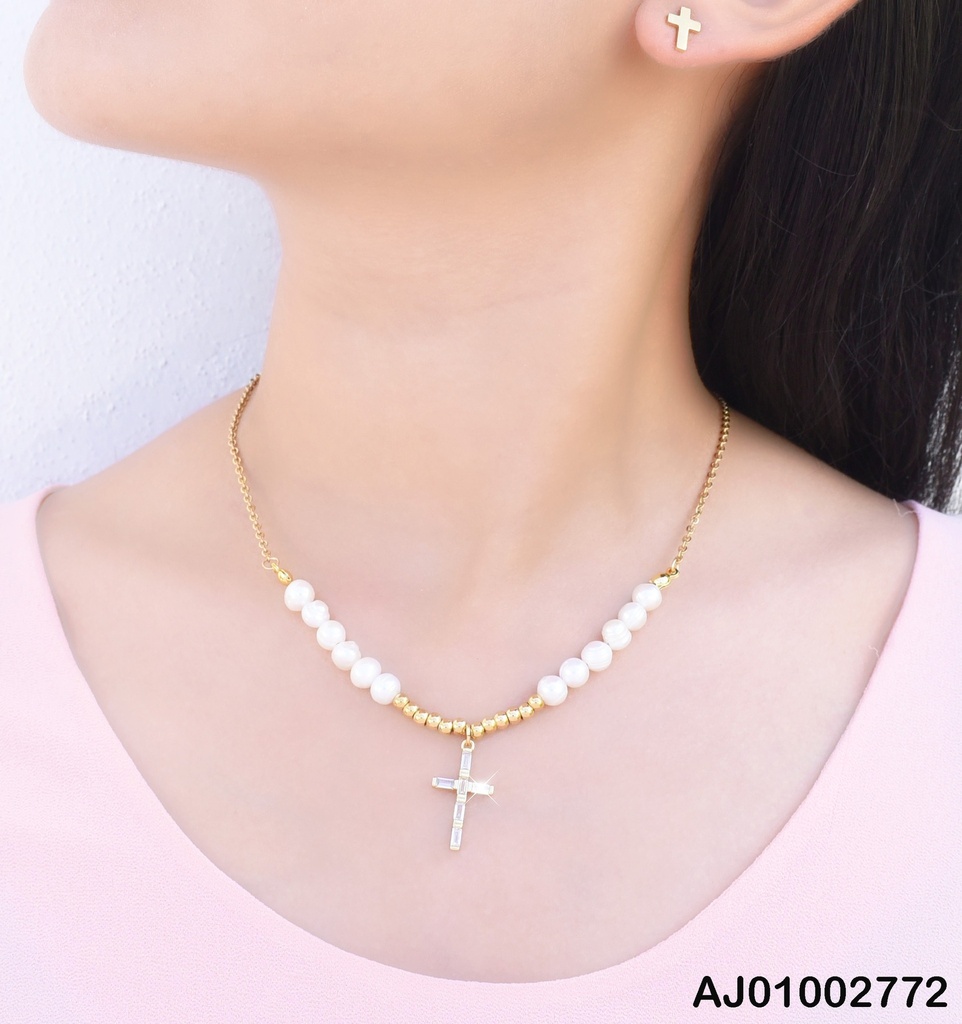 JUEGO DETALLES CRUCES CADENA C/PERLAS DIJE CRUZ ZIRC RECTÁNGULARES
