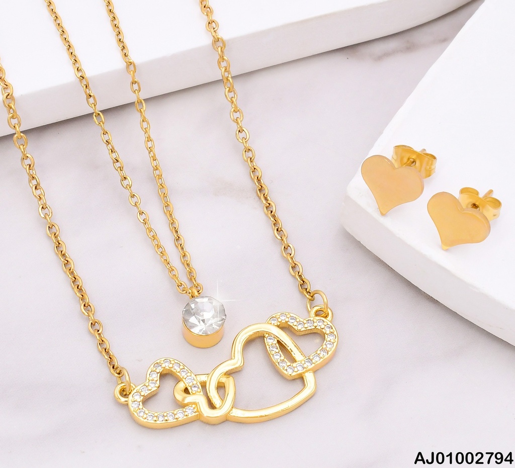 JUEGO DETALLES DOBLE CAD. DIJES:ZIRCONIAS/CORAZONES ENTRELAZADOS