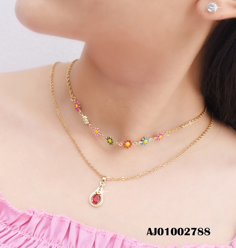 JUEGO DETALLES DOBLE CAD. FLORES COL/TRADIC DIJE PIEDRA ROJA