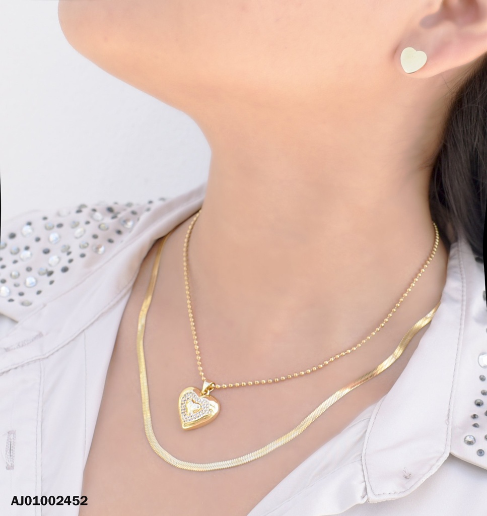 JUEGO DETALLES DOBLE CADENA DIJE CORAZÓN ZIRCONIAS C/♥LISO AL CENTRO
