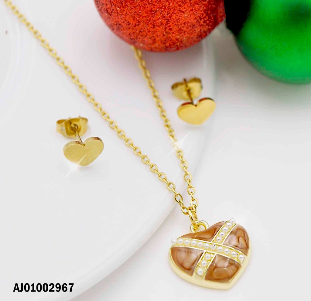 JUEGO DETALLES MINI ARETES PLACA♥ DIJE CORAZÓN CAFÉ X PERLITAS