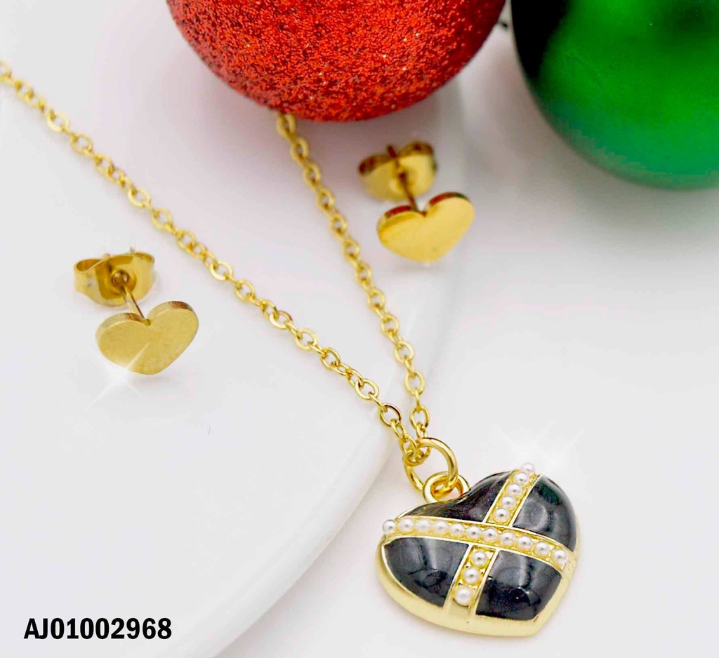 JUEGO DETALLES MINI ARETES PLACA♥ DIJE CORAZÓN NEGRO X PERLITAS