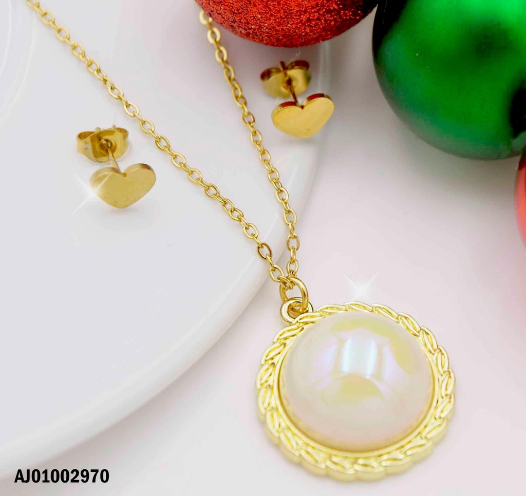 JUEGO DETALLES MINI ARETES PLACA♥ DIJE MEDIA PERLA BORDE DORADO