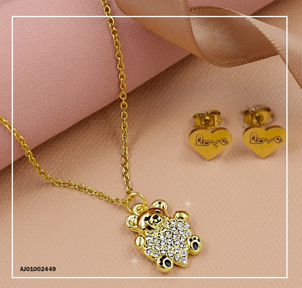 JUEGO DETALLES MINI ARETES ♥, DIJE OSO C/CORAZÓN DE ZIRCONIAS