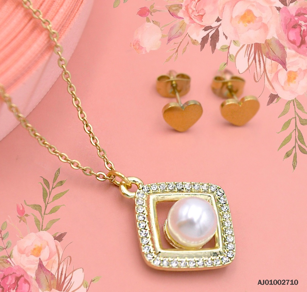 JUEGO DETALLES MINI ARETES♥ DIJE ROMBO ZIRC C/PERLA CENTRO