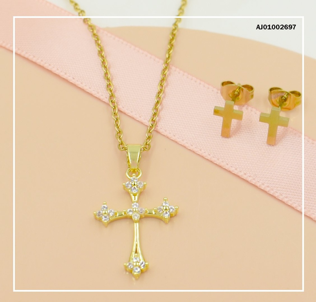 JUEGO DETALLES MINI CRUCES, DIJE CON FLOR ZIRC EN EXTREMOS