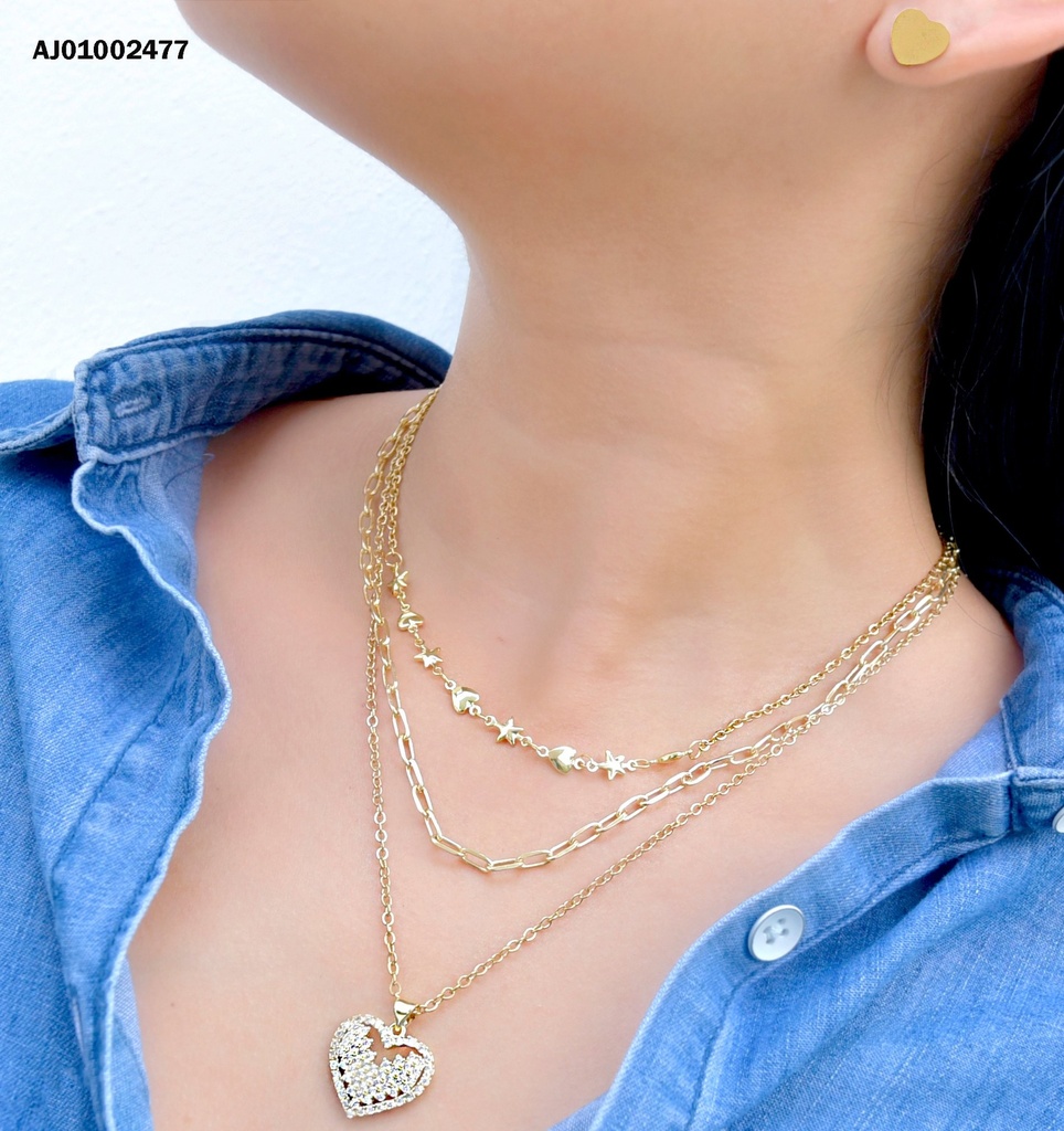JUEGO DETALLES TRIPLE CADENA CORAZÓN, DIJE ♥ ZIRCONIAS PIXELES
