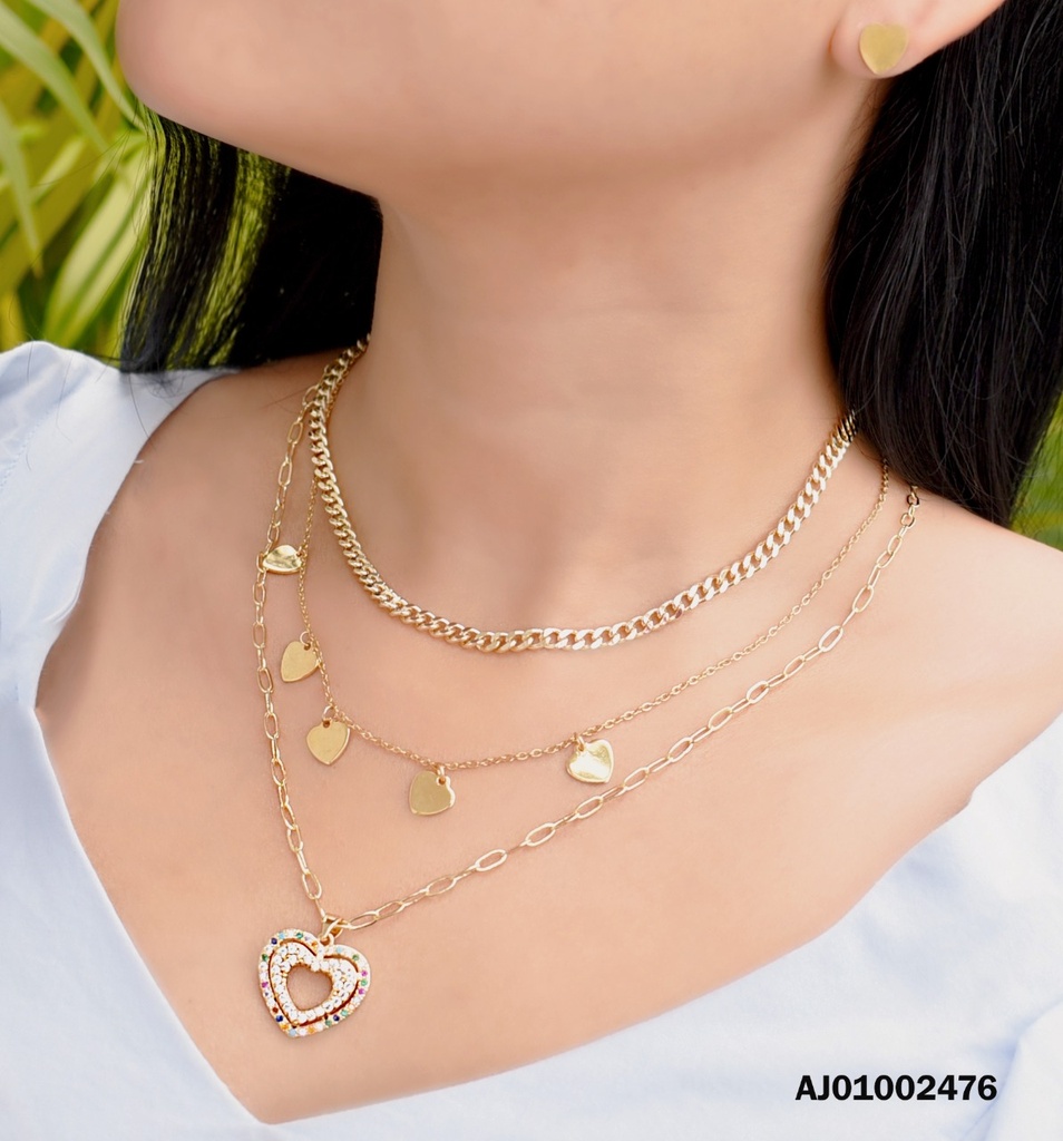 JUEGO DETALLES TRIPLE CADENA PLACAS CORAZÓN,DIJE CROQUI BORDES ZIRCONIAS