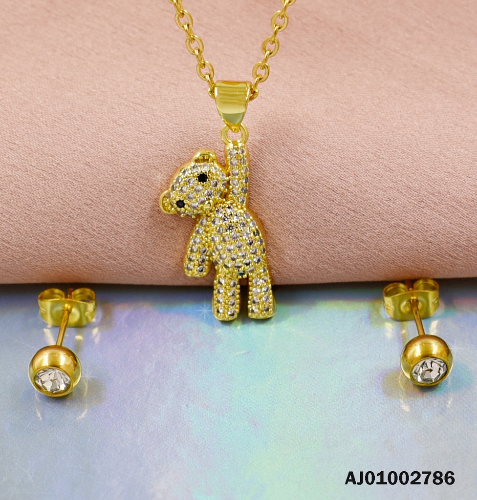 JUEGO DIJE OSO AGARRADO DE CADENA,ARETES ZIRC.BASE DOR.