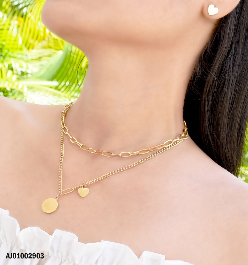 JUEGO DOBLE CAD. ARETES CORAZÓN DIJES PLACA REDONDA/♥