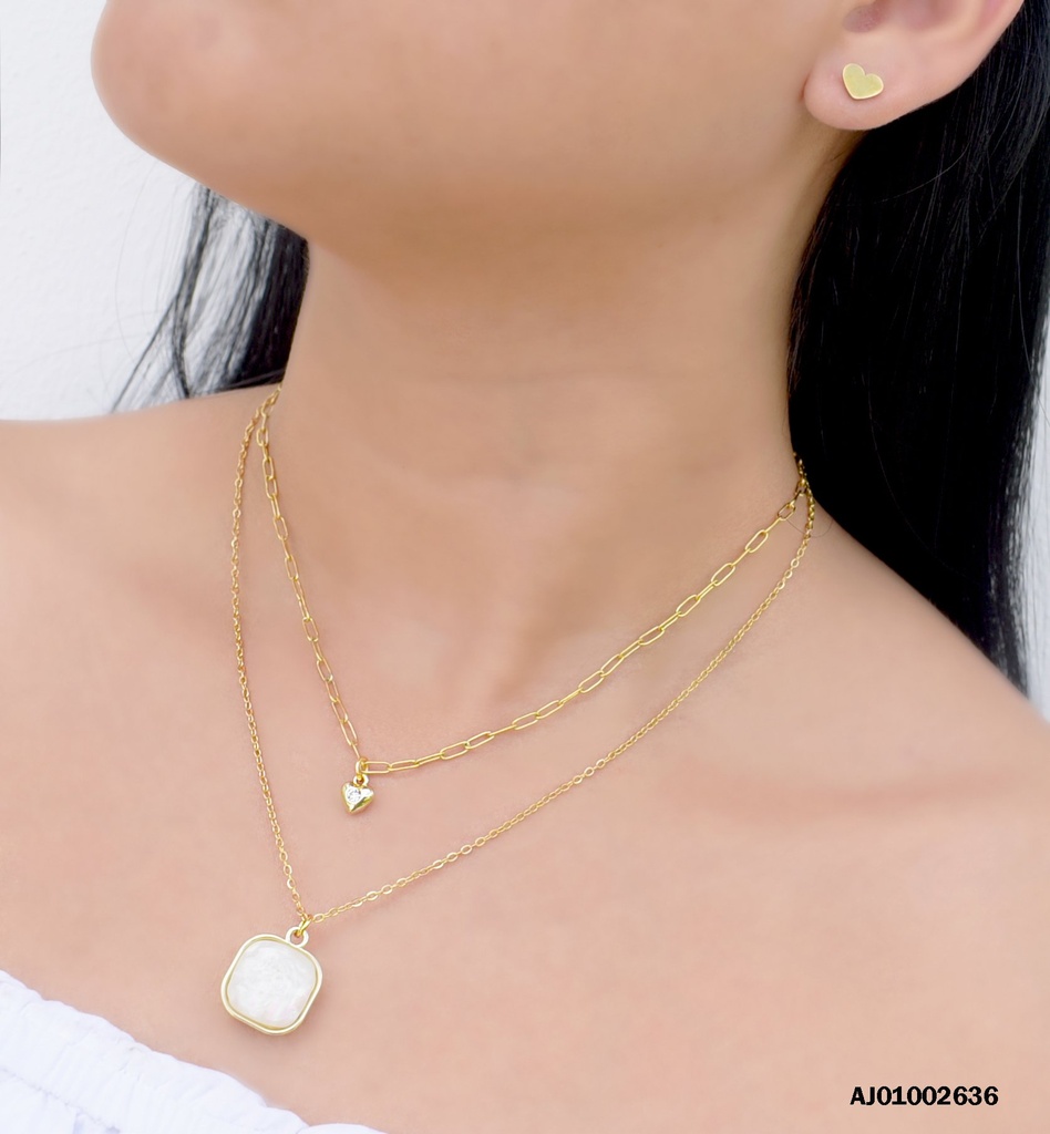 JUEGO DOBLE CAD. ARETES ♥ DIJES ZIRCONIA/PIEDRA ⬜ BLANCA