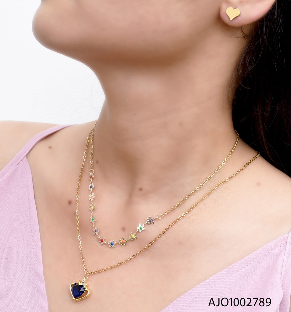 JUEGO DOBLE CAD. FLORES CENTROS COL/TRADIC DIJE PIEDRA NEGRA