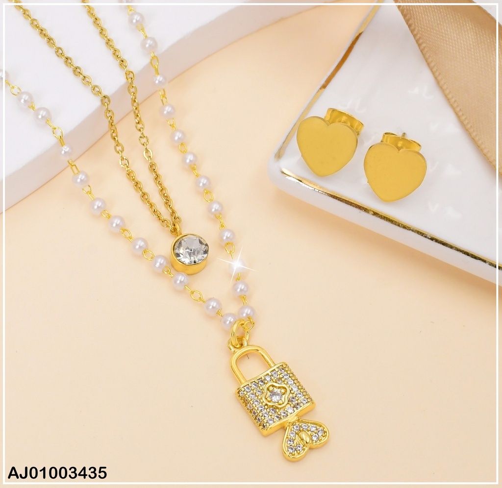 JUEGO DOBLE CAD.TRAD-ZIRC/PERLITA ARETES💛 DIJE CANDADO