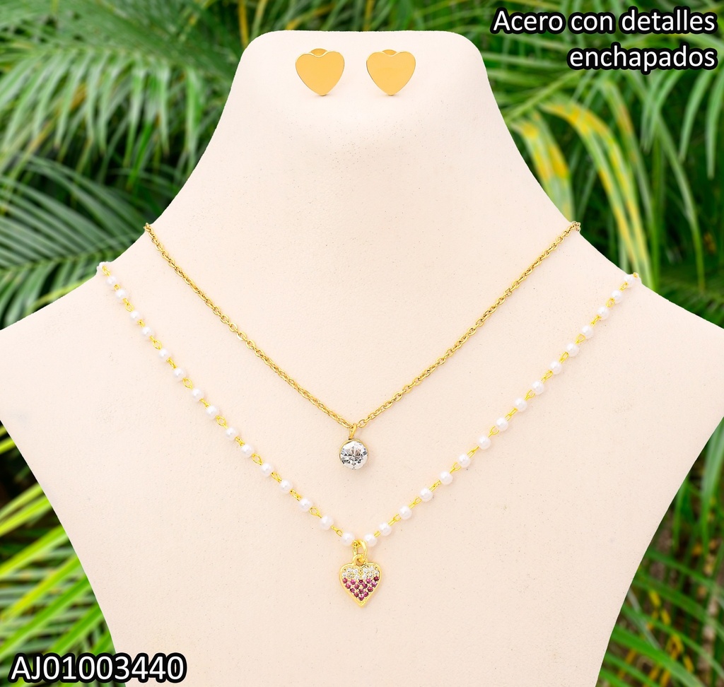JUEGO DOBLE CAD.TRAD-ZIRC/PERLITA CORAZONES LISOS/ZIRC-ROJAS