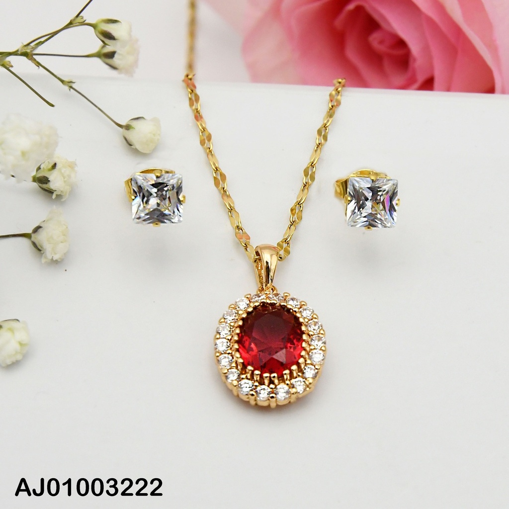 JUEGO DOBLE CAD.ZIRCONIA OVALADA ROJA, ARETES ZIRC.