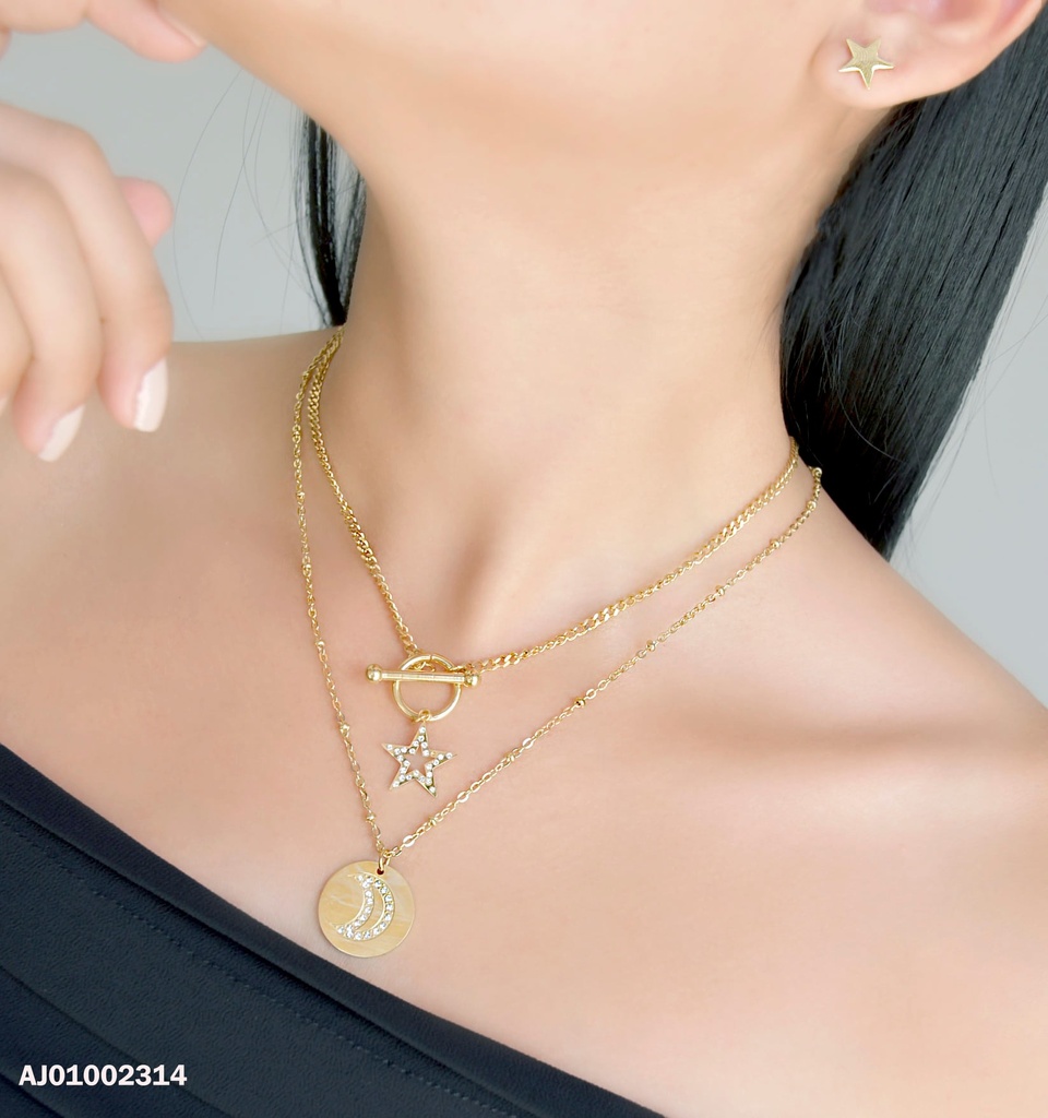 JUEGO DOBLE CADENA ARETES ESTRELLAS, DIJES CROQUI ⭐ LUNA ZIRCONIAS REDONDA