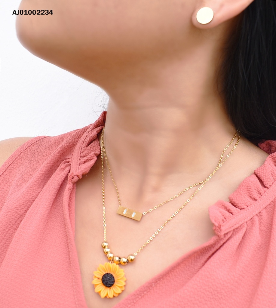 JUEGO DOBLE CADENA ARETES PLACAS REDONDAS DIJE GIRASOL