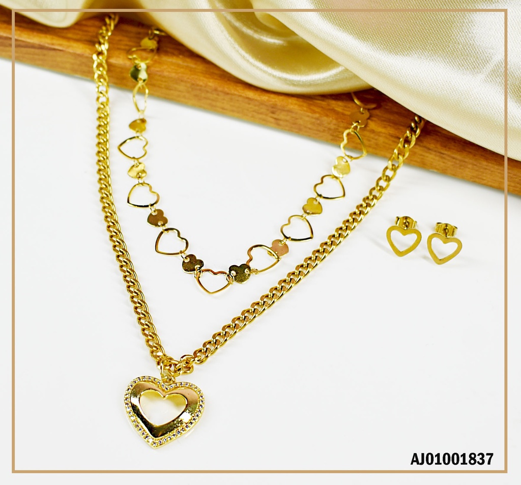 JUEGO DOBLE CADENA CORAZONES Y MARTILLADA