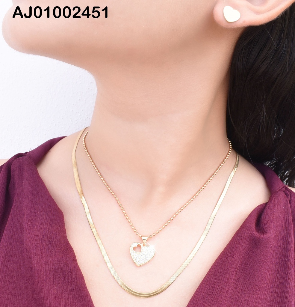 JUEGO DOBLE CADENA CORAZONES,DIJE ♥ CALADO EN ZIRCONIAS