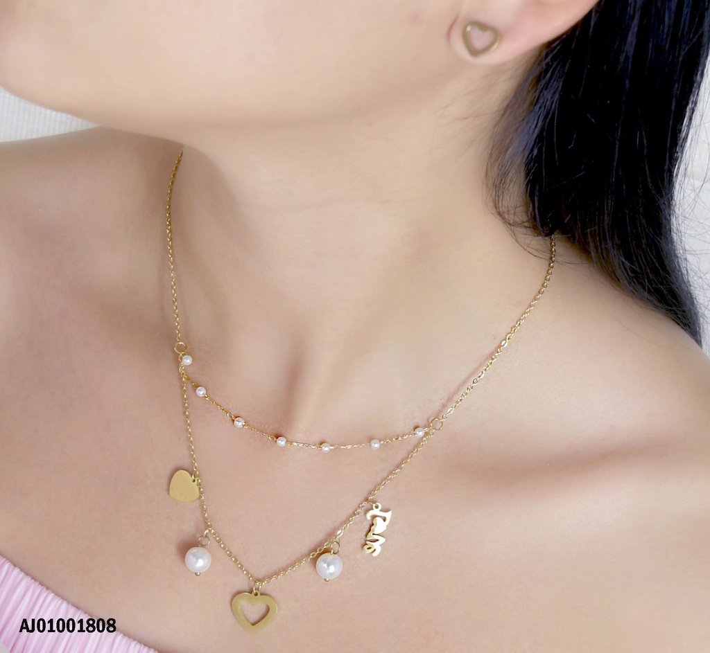 JUEGO DOBLE CADENA CROQUI CORAZÓN "LOVE" Y PERLAS